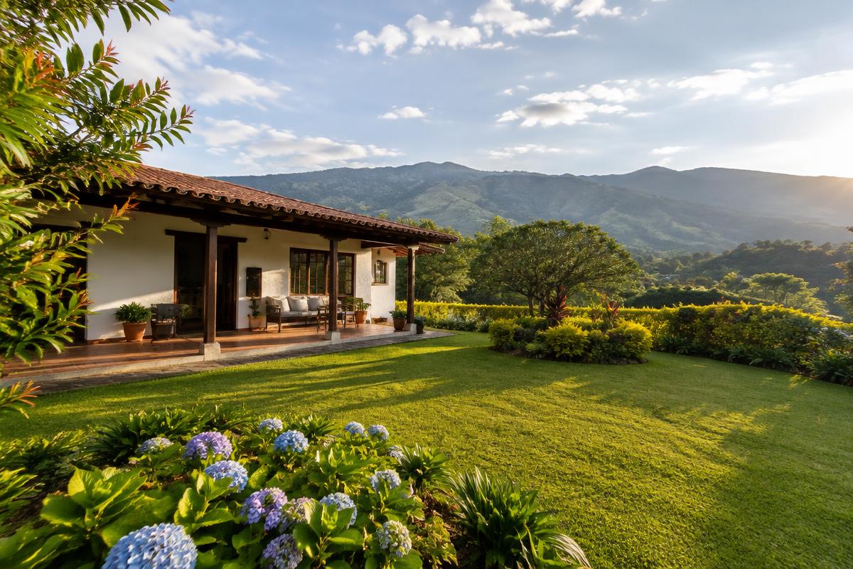 Casa campestre con jardín y vista a las montañas